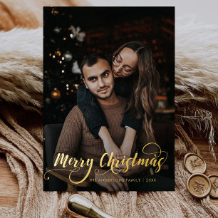 Modern Merry Christmas Family Photo Name Tartan Foil Holiday Card