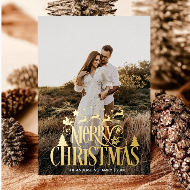 Modern Merry Christmas Family Photo Name Tartan Foil Holiday Card (Creator Uploaded)