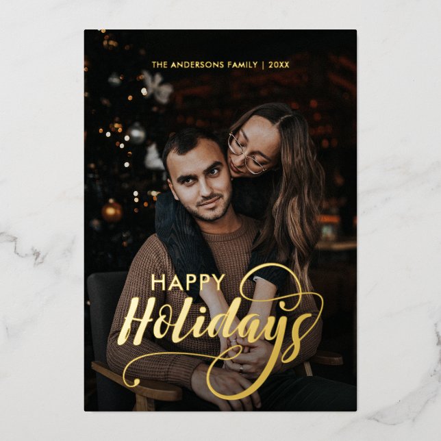 Modern Merry Christmas Family Photo Name Tartan Foil Holiday Card (Front)