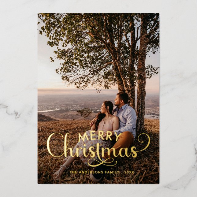 Modern Merry Christmas Family Photo Name Tartan Ho Foil Holiday Card (Front)