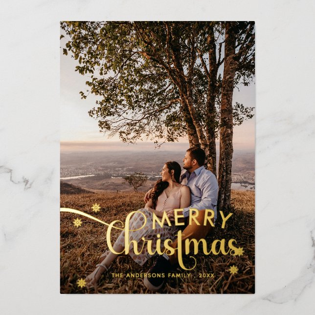 Modern Merry Christmas Family Photo Name Tartan Ho Foil Holiday Card (Front)