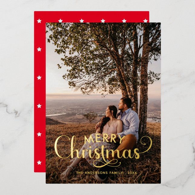 Modern Merry Christmas Family Photo Name Tartan Ho Foil Holiday Card (Front/Back)