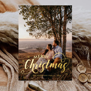 Modern Merry Christmas Family Photo Name Tartan Ho Foil Holiday Card