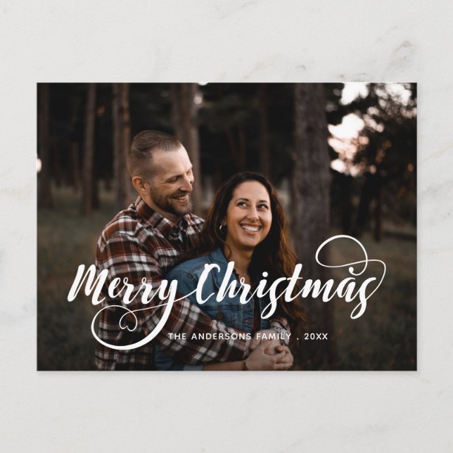 Modern Merry Christmas Family Photo Name Tartan Ho Holiday Postcard (Front)