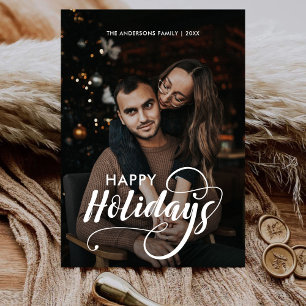 Modern Merry Christmas Family Photo Name Tartan Holiday Card