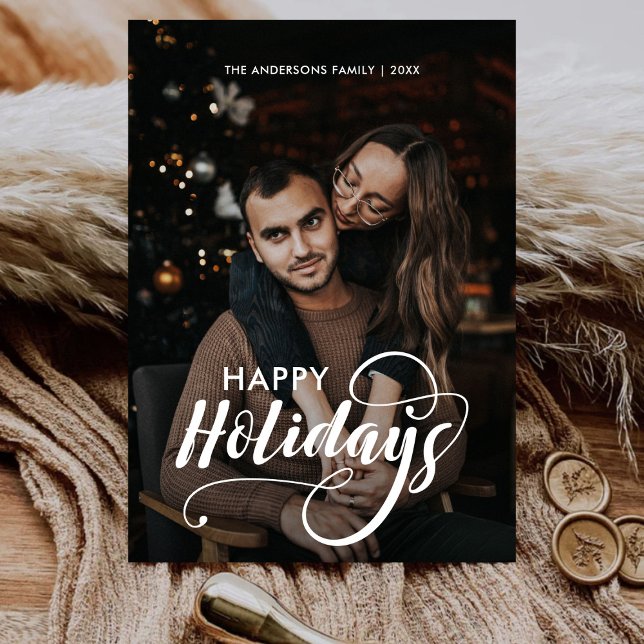 Modern Merry Christmas Family Photo Name Tartan Holiday Card (Creator Uploaded)