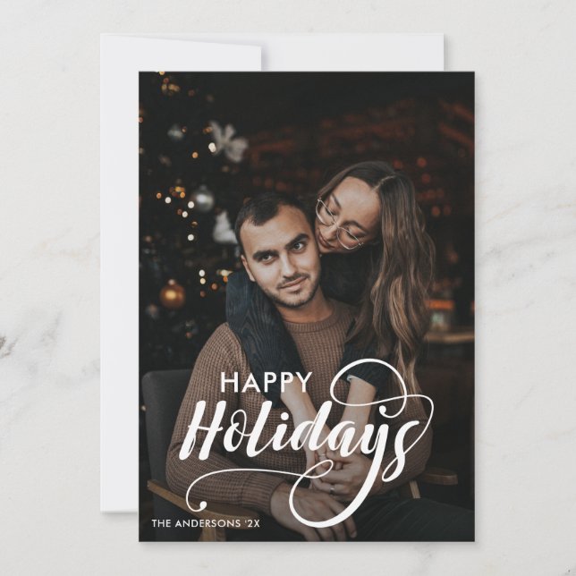 Modern Merry Christmas Family Photo Name Tartan Holiday Card (Front)