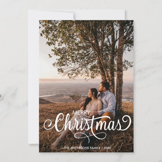 Modern Merry Christmas Family Photo Name Tartan Holiday Card (Front)