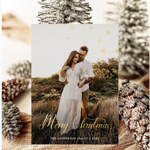 Modern Merry Christmas Family Photo plaid Tartan Foil Holiday Card