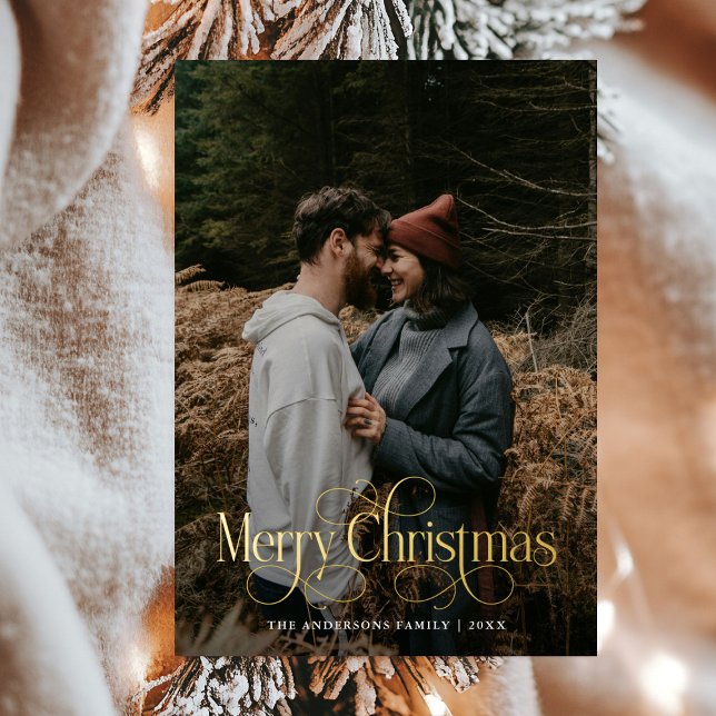 Modern Merry Christmas Family Photo plaid Tartan Foil Holiday Card (Creator Uploaded)