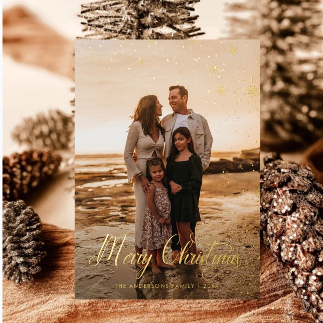 Modern Merry Christmas Family Photo plaid Tartan Foil Holiday Card (Creator Uploaded)