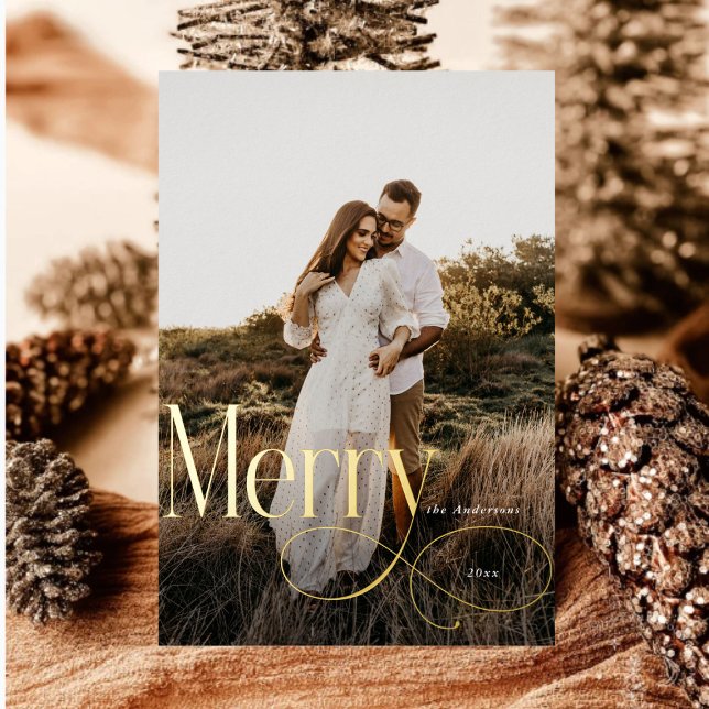 Modern Merry Christmas Family Photo plaid Tartan Foil Holiday Card (Creator Uploaded)