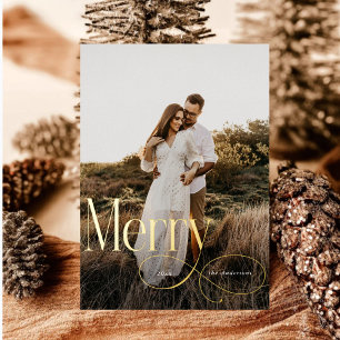 Modern Merry Christmas Family Photo plaid Tartan Foil Holiday Card