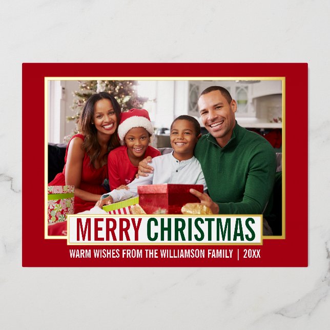 Modern Merry Christmas Family Photo Red Gold Foil Holiday Card (Front)