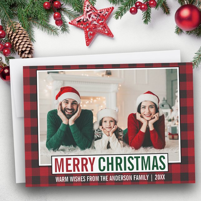 Modern Merry Christmas Family Photo Red Plaid Holiday Card (Customize to add text to back of card.)