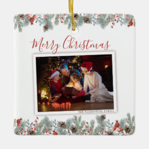 Modern Merry Christmas Family Photo Rustic Ceramic Ornament