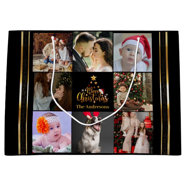 Modern Merry Christmas Family Photo Rustic  Large Gift Bag (Front)