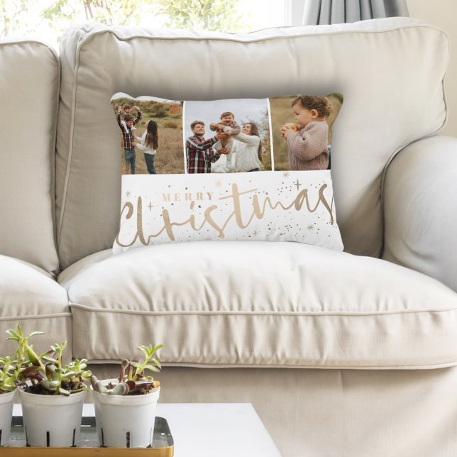 Modern Merry Christmas Faux Gold & Photo  Decorative Cushion (Creator Uploaded)