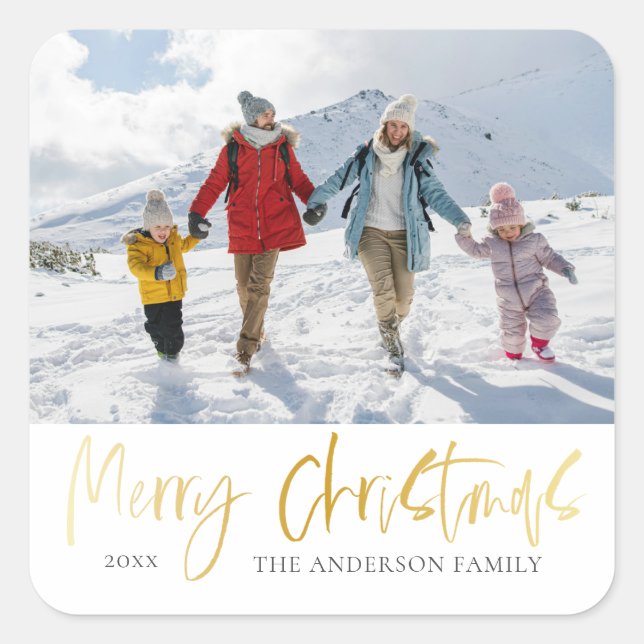  Modern Merry Christmas Faux Gold & Photo Square Sticker (Front)