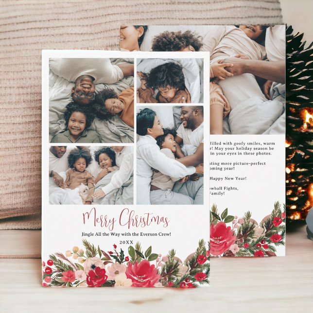 Modern merry Christmas floral family 5 photos Holiday Card (Modern merry Christmas floral family 5 photos Holiday Card)