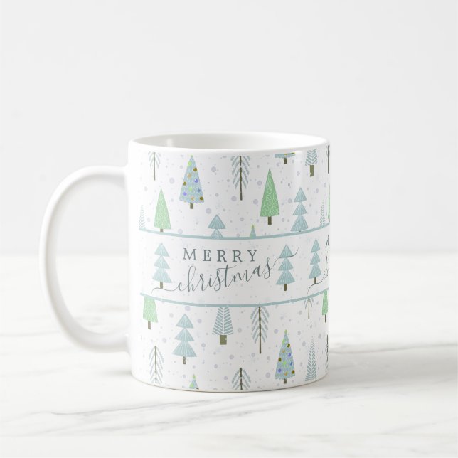 Modern Merry Christmas Forest Trees Blue Green Coffee Mug (Left)
