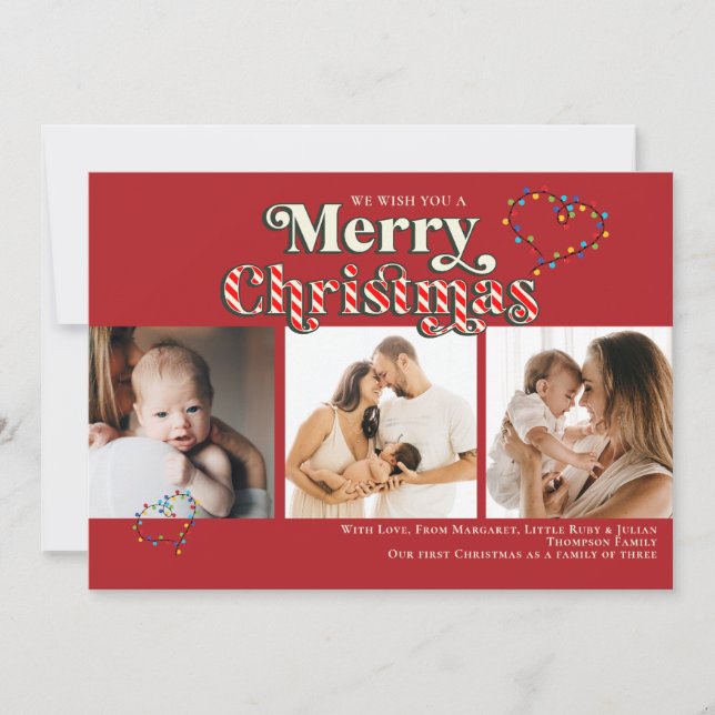 Modern Merry Christmas Fun Candy Cane 3 Photo Red Holiday Card (Front)
