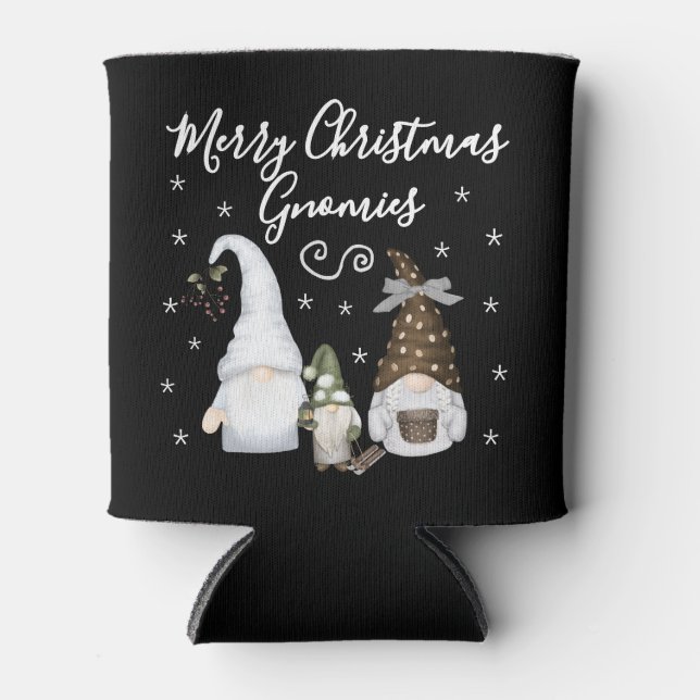Modern Merry Christmas Gnomies Festive Gnomes Can Cooler (Front)