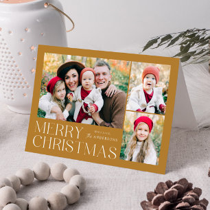 Modern Merry Christmas Gold 4 Photo Holiday Card