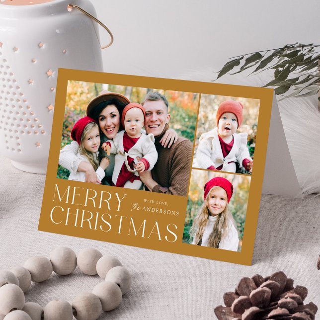 Modern Merry Christmas Gold 4 Photo Holiday Card (Creator Uploaded)