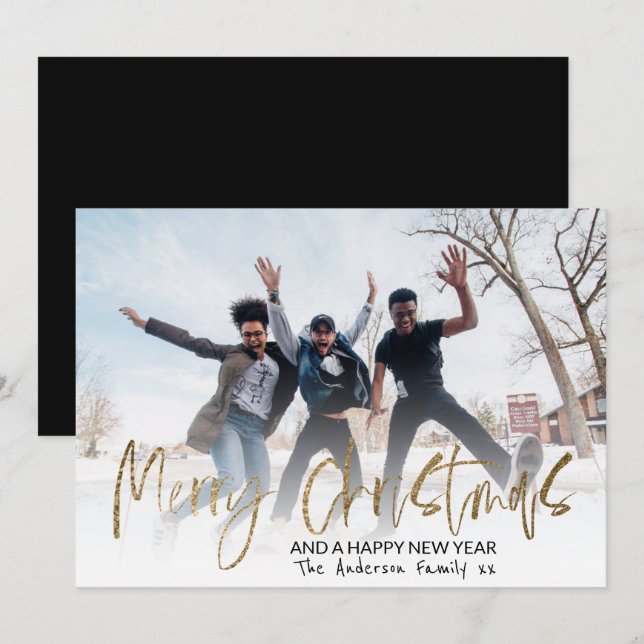 Modern Merry Christmas Gold Calligraphy 1 Photo  Holiday Card (Front/Back)