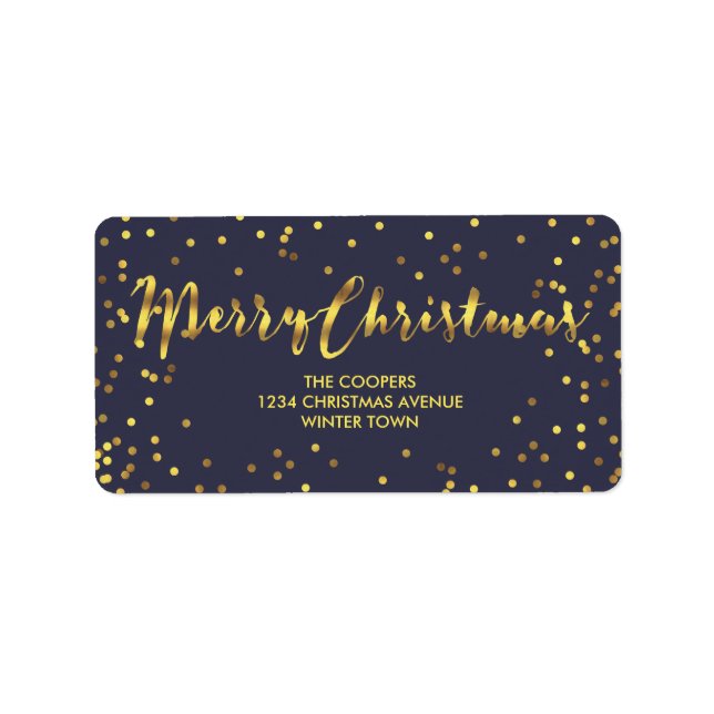 Modern Merry Christmas Gold Foil Confetti Blue Label (Front)
