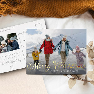 Modern Merry Christmas Gold Foil & Photo Holiday Postcard