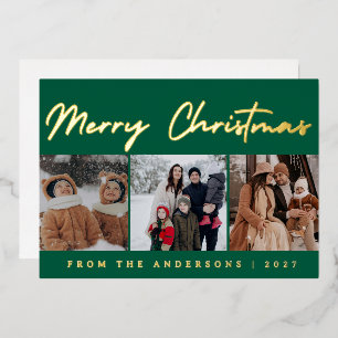 Modern Merry Christmas Gold Script 3 Photo Foil Holiday Card