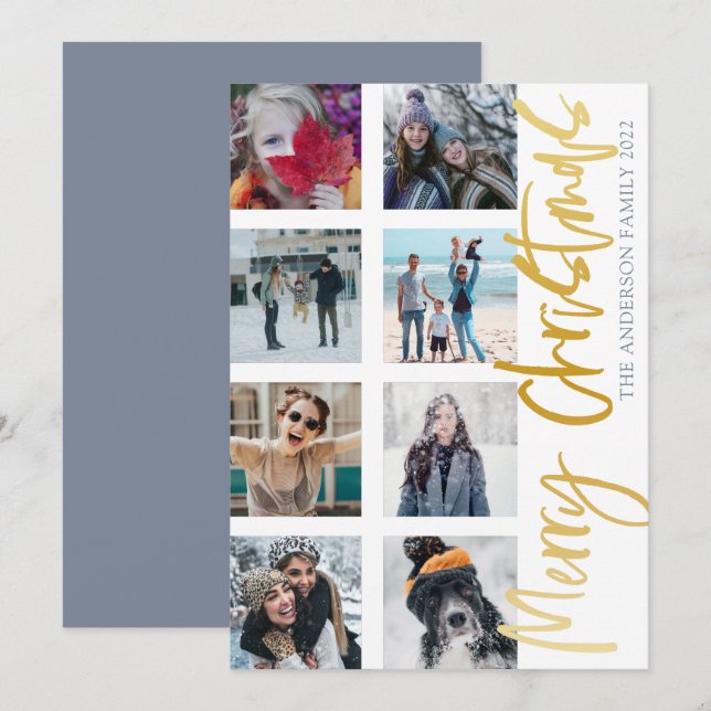 Modern Merry Christmas Gold Script 8 Photo Collage Holiday Card (Front/Back)