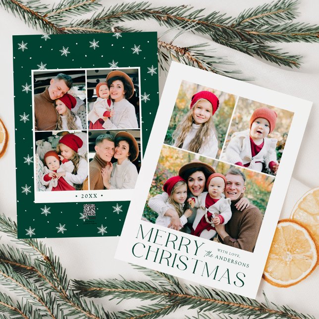 Modern Merry Christmas Green 7 Photo Collage Holiday Card (Creator Uploaded)