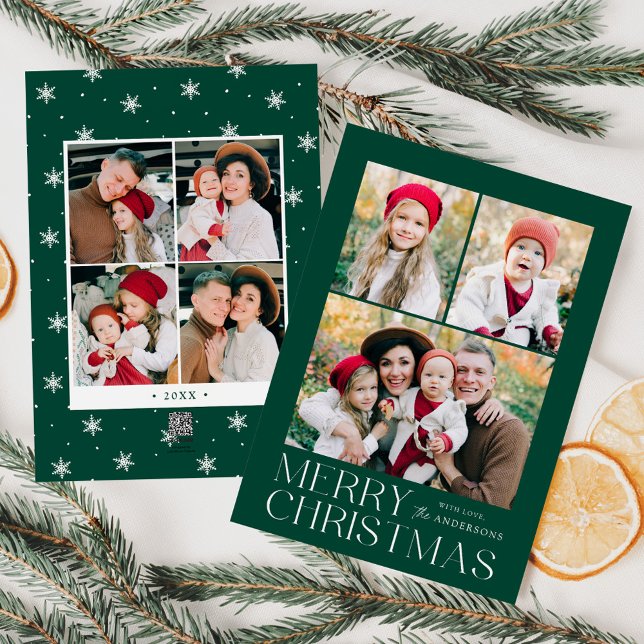 Modern Merry Christmas Green 7 Photo Collage Holiday Card (Creator Uploaded)
