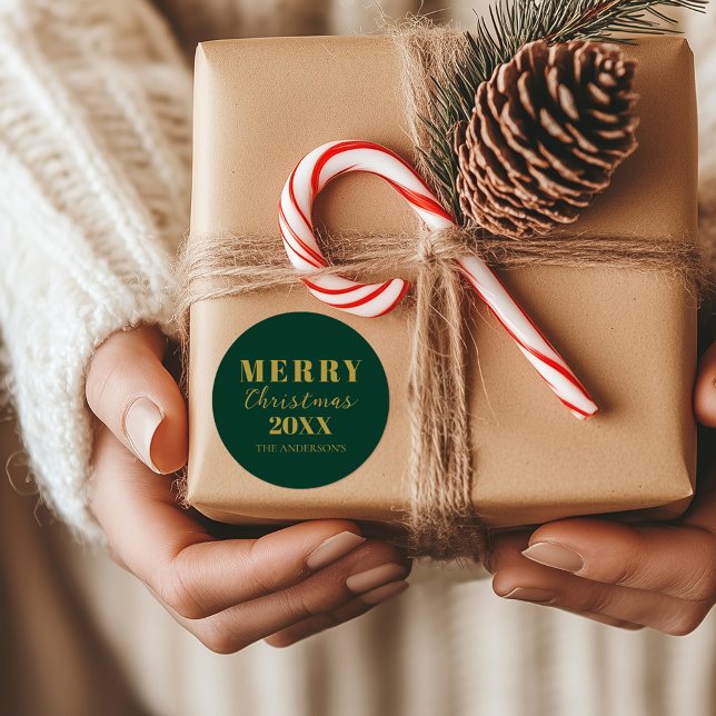 Modern Merry Christmas Green Holiday Packaging Classic Round Sticker (Creator Uploaded)