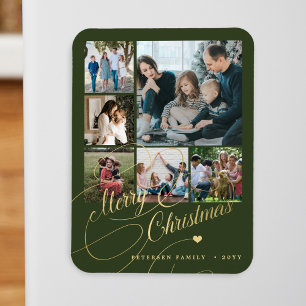 Modern Merry Christmas green photo collage Magnet