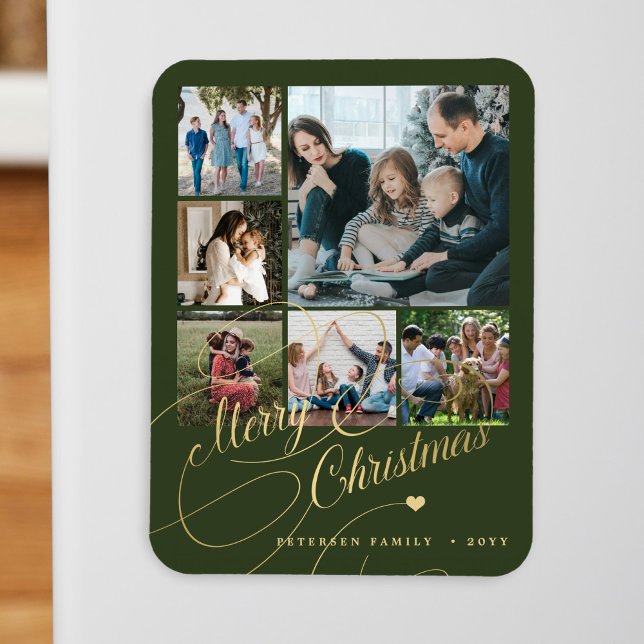 Modern Merry Christmas green photo collage Magnet (Creator Uploaded)