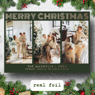Modern Merry Christmas Green Photo Foil Holiday Card