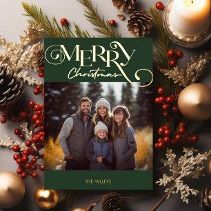 Modern Merry Christmas Green Plaid Minimal 1 Photo Foil Holiday Card