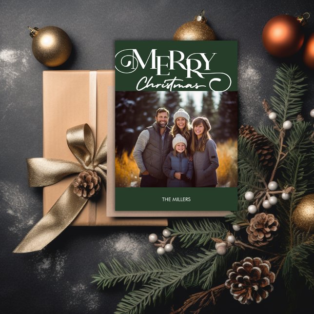 Modern Merry Christmas Green Plaid Minimal 1 Photo Holiday Card (Modern Merry Christmas Green Plaid Minimal 1 Photo Holiday Card)