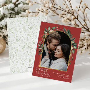 Modern Merry Christmas Green Red Gold Arch 1 Photo Holiday Card
