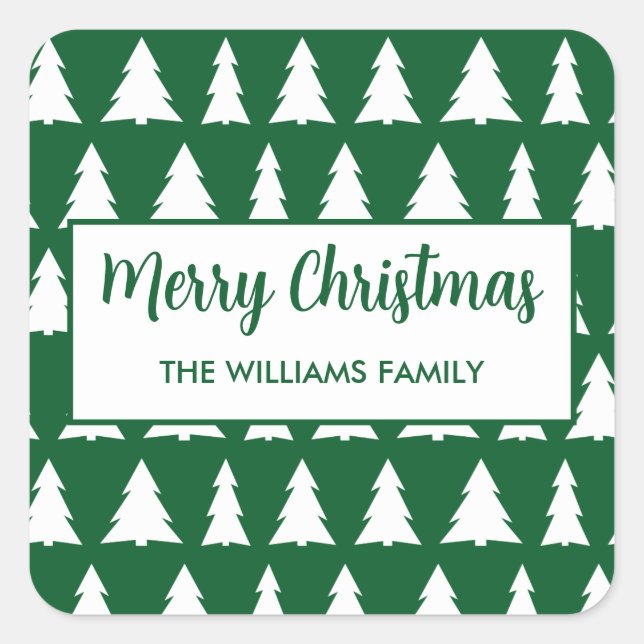 Modern Merry Christmas Green White Tree Pattern  Square Sticker (Front)