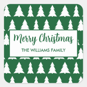 Modern Merry Christmas Green White Tree Pattern  Square Sticker