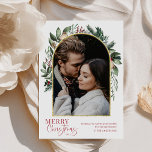 Modern Merry Christmas Greenery Gold Arch Photo Holiday Card<br><div class="desc">This design features a modern greenery arch with a delicate glitter gold frame with a white frame outline with a single vertical photo. To make advanced changes,  please select 'Click to customise further' option under 'Personalise this template' section. Here,  you can edit/add text boxes,  colour and font.</div>