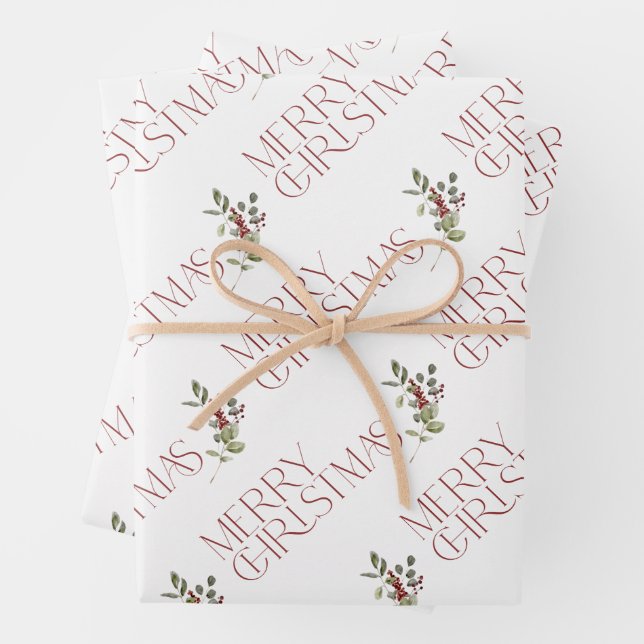 Modern Merry Christmas Greenery Holiday Wrapping Paper Sheet (In situ)