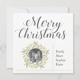 Modern Merry Christmas Greenery Wreath Photo Holiday Card