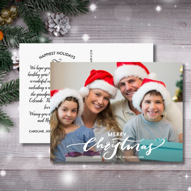 Modern Merry Christmas Hand Lettered Family Photo Postcard (Creator Uploaded)