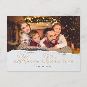 Modern Merry Christmas Hand Lettered Family Photo  Postcard